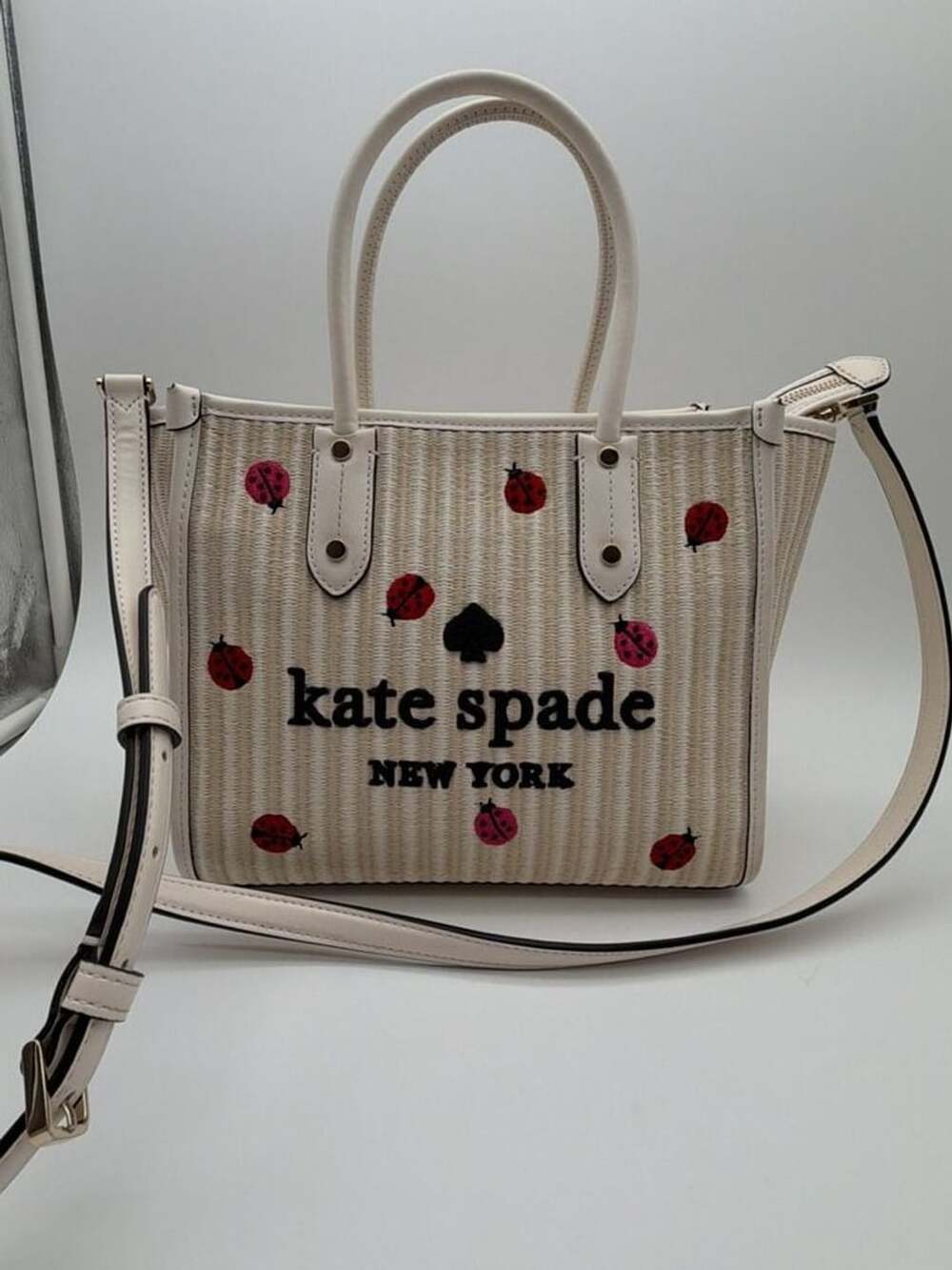 Kate Spade Ella Dottie Ladybug Embroidered Straw Small Tote Crossbody Bag